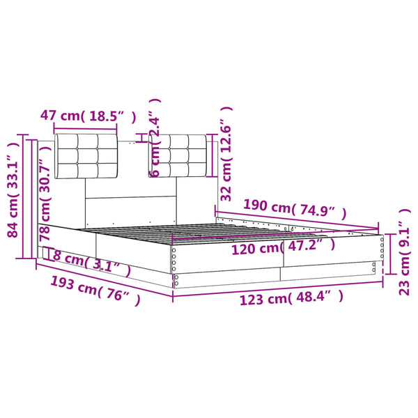 vidaXL Bed Frame with Headboard and LED Sonoma Oak 120x190 cm