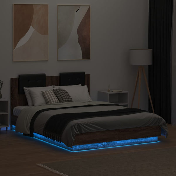 vidaXL Bed Frame with Headboard and LED Brown Oak-Look 120x190 cm