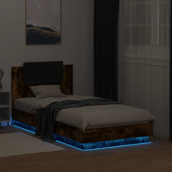 vidaXL Bed Frame with Headboard and LED Lights Smoked Oak 90x190 cm