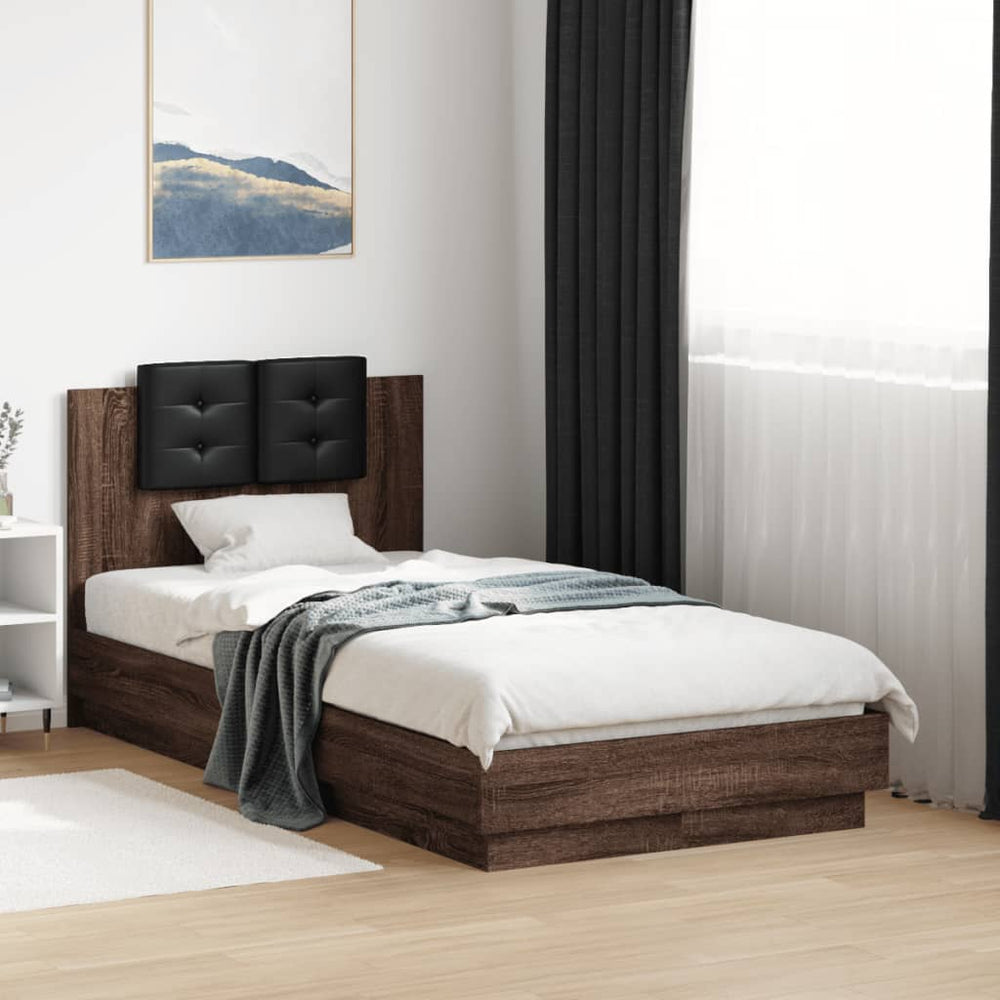 vidaXL Bed Frame with Headboard and LED Lights Brown Oak 90x190 cm