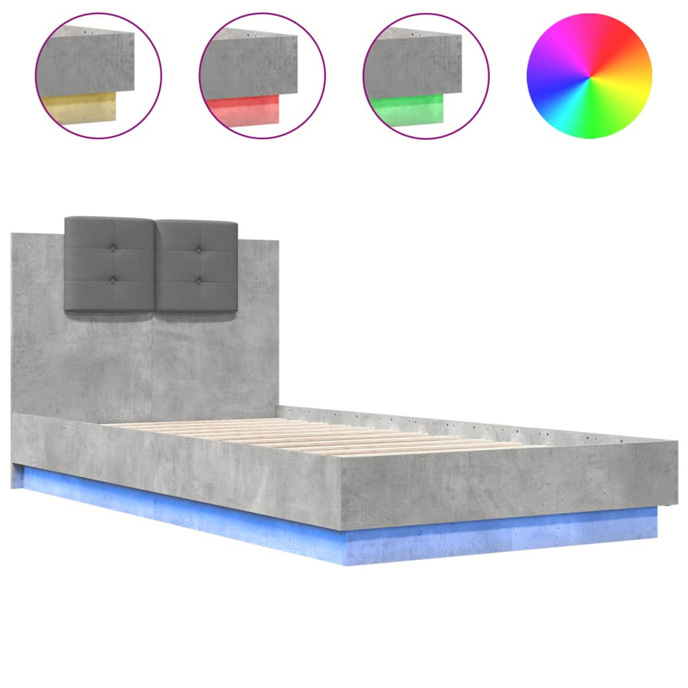 vidaXL Bed Frame with Headboard and LED Lights Concrete Grey 75x190 cm
