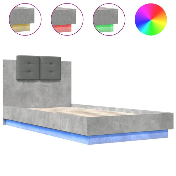 vidaXL Bed Frame with Headboard and LED Lights Concrete Grey 75x190 cm
