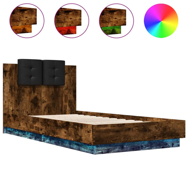 vidaXL Bed Frame with Headboard and LED Lights Smoked Oak 75x190cm
