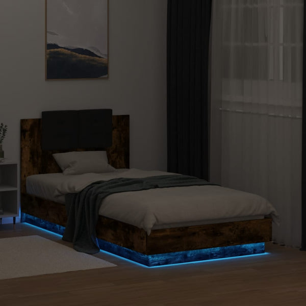 vidaXL Bed Frame with Headboard and LED Lights Smoked Oak 75x190cm