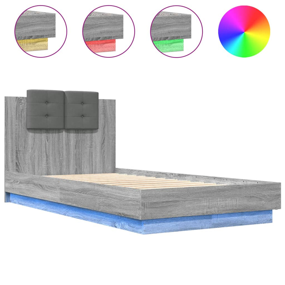 vidaXL Bed Frame with Headboard and LED Lights Grey Sonoma 75x190 cm