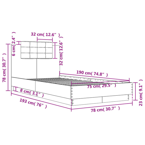 vidaXL Bed Frame with Headboard and LED Lights Grey Sonoma 75x190 cm