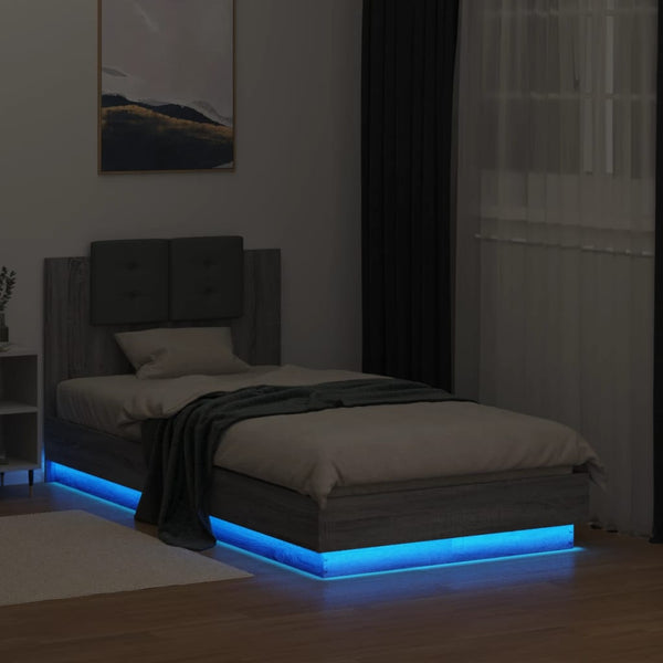 vidaXL Bed Frame with Headboard and LED Lights Grey Sonoma 75x190 cm