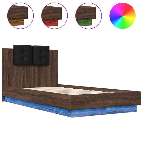 vidaXL Bed Frame with Headboard and LED Lights Brown Oak 75x190 cm