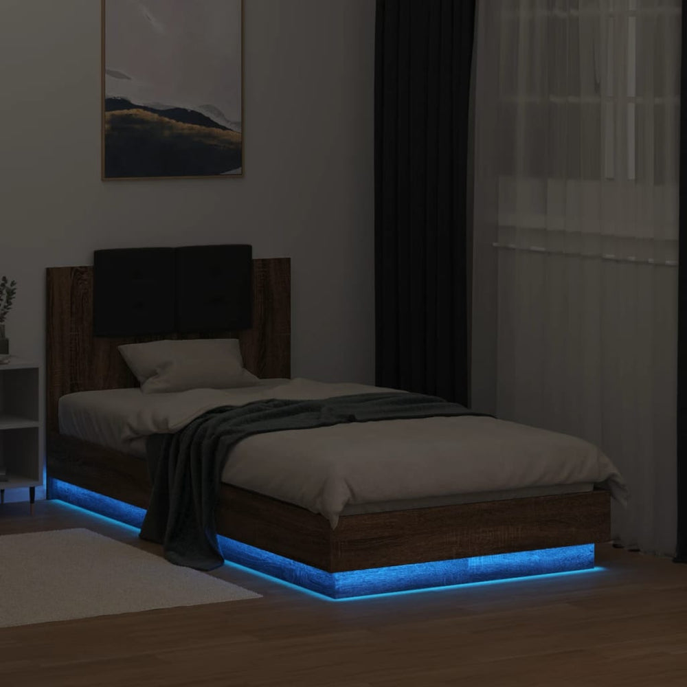 vidaXL Bed Frame with Headboard and LED Lights Brown Oak 75x190 cm