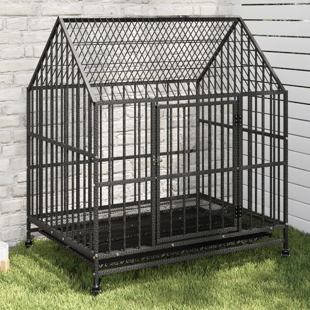 vidaXL Dog Kennel with Wheels Black Galvanized Steel