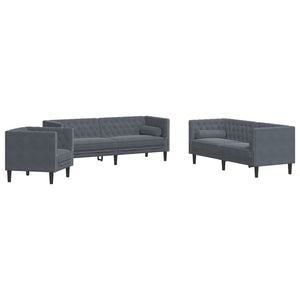 3-tlg. Chesterfield Sofa Set Dunkelgrau Samt