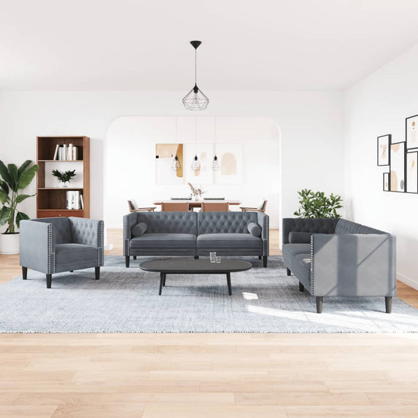3-tlg. Chesterfield Sofa Set Dunkelgrau Samt