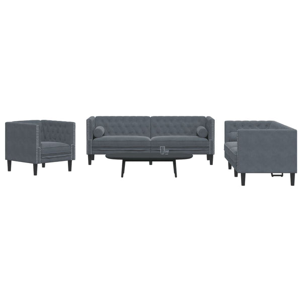 3-tlg. Chesterfield Sofa Set Dunkelgrau Samt