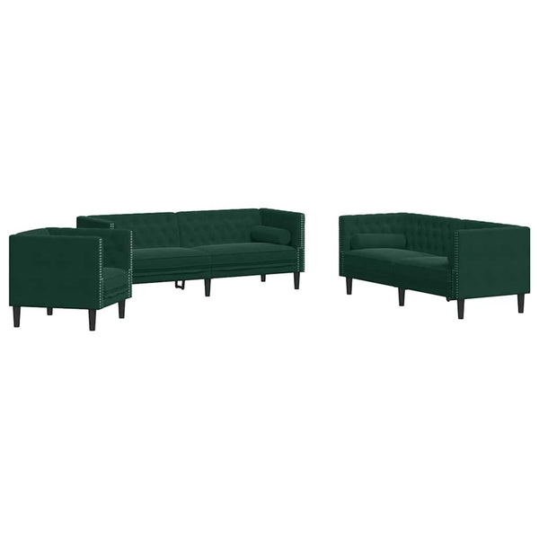 3-tlg. Dunkelgrünes Chesterfield Sofa Set Samt