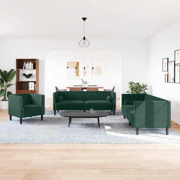 3-tlg. Dunkelgrünes Chesterfield Sofa Set Samt