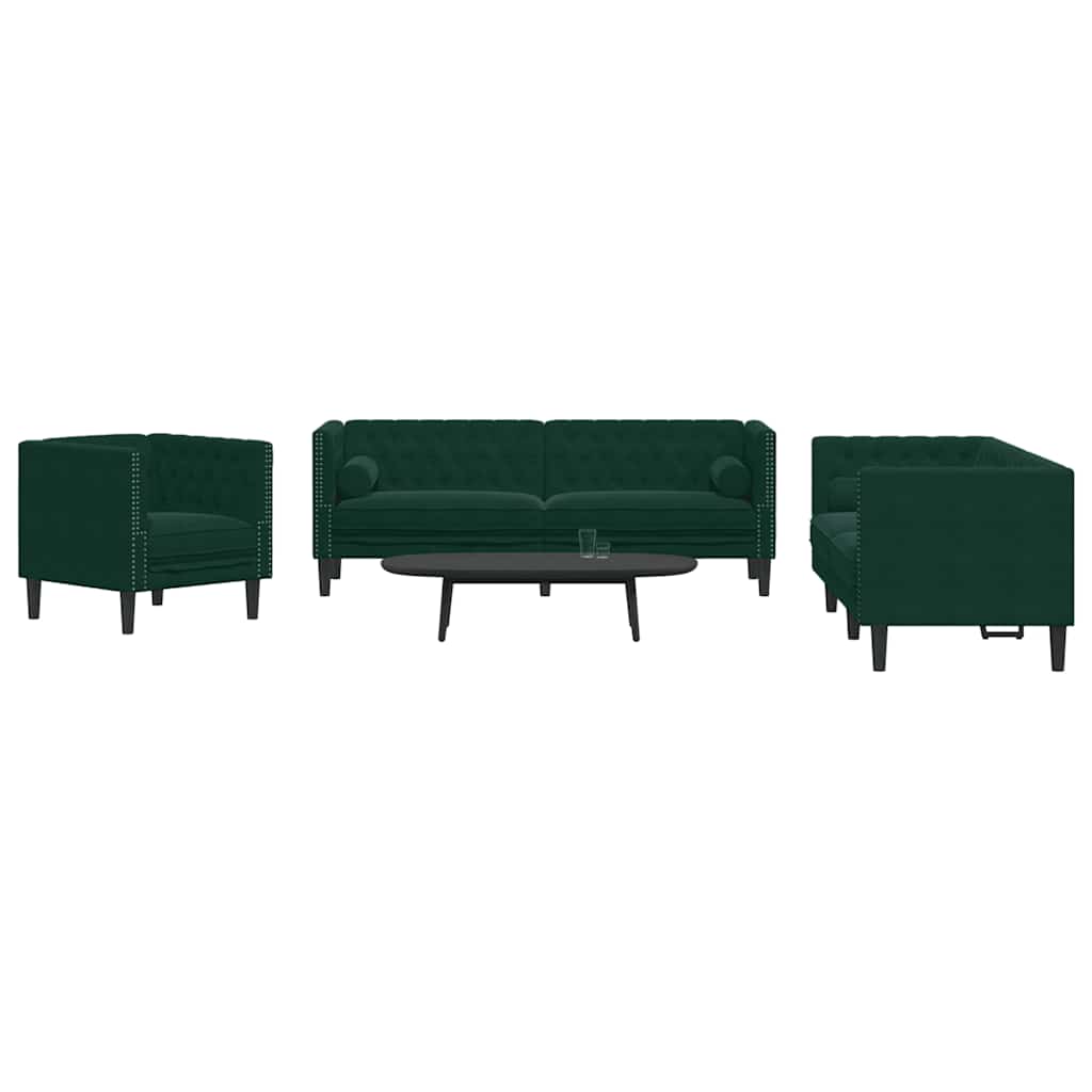 3-tlg. Dunkelgrünes Chesterfield Sofa Set Samt