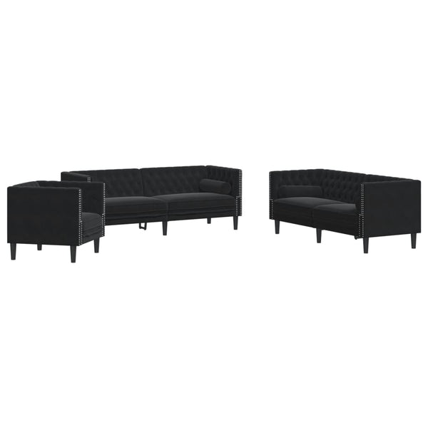 3-teiliges Chesterfield Sofa Set Schwarz Samt