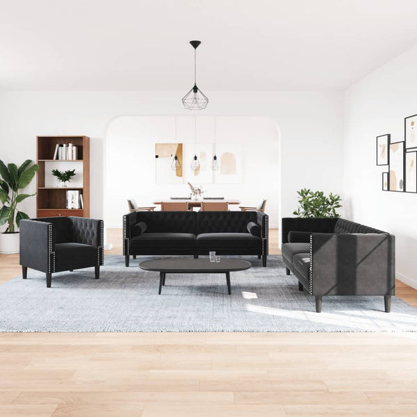 3-teiliges Chesterfield Sofa Set Schwarz Samt
