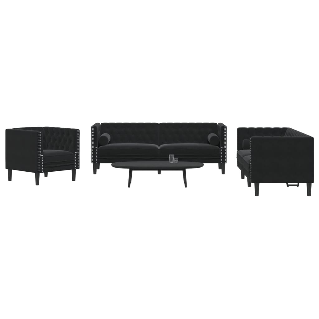 3-teiliges Chesterfield Sofa Set Schwarz Samt