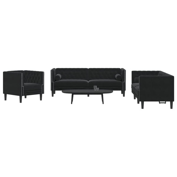 3-teiliges Chesterfield Sofa Set Schwarz Samt