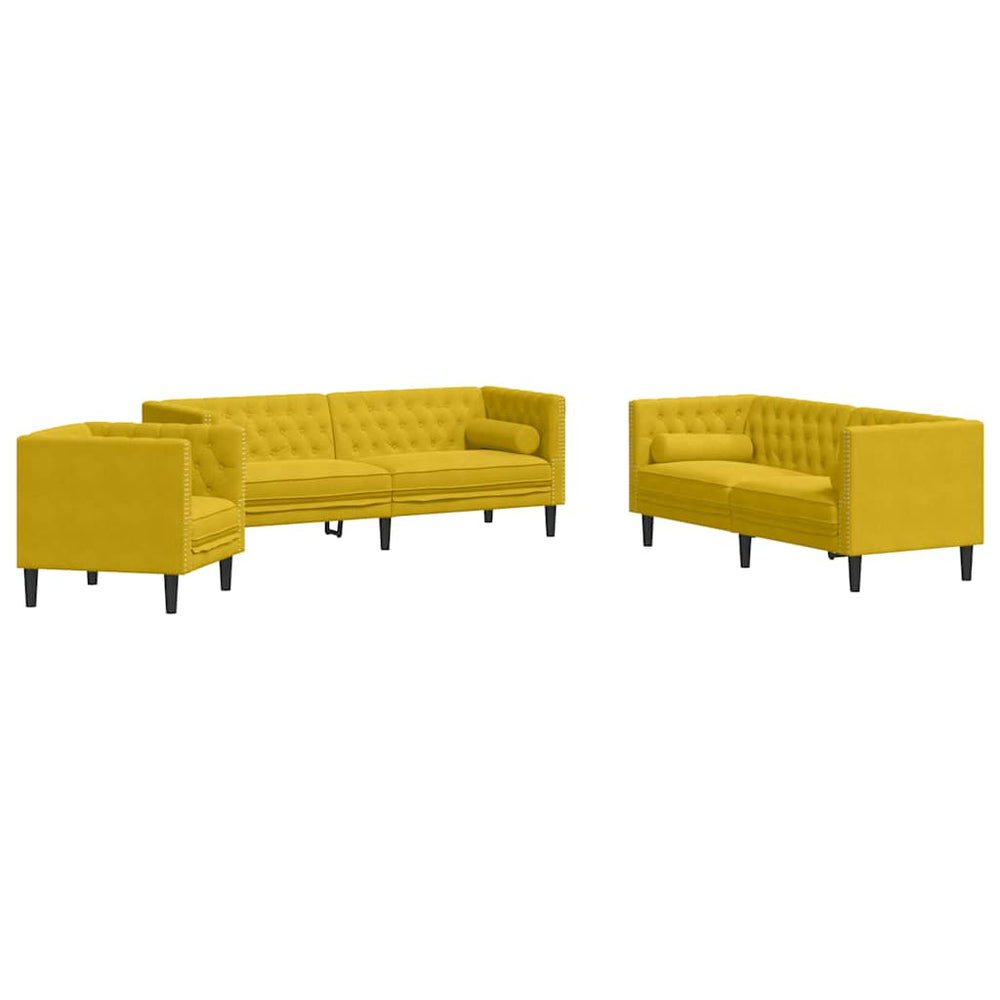 3-tlg. Gelbes Chesterfield Sofa Set Samt