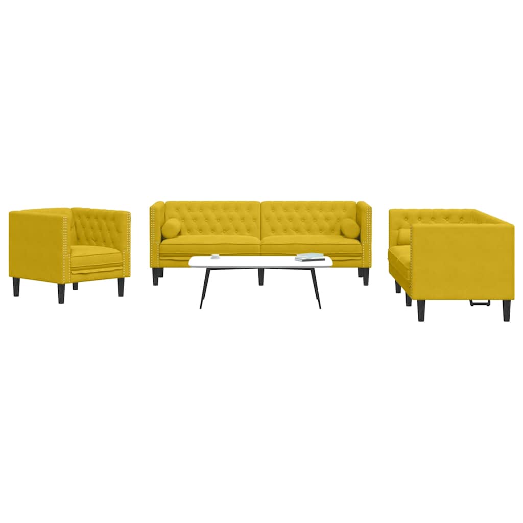 3-tlg. Gelbes Chesterfield Sofa Set Samt