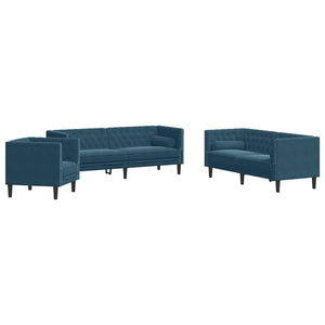 3-teiliges Chesterfield Sofa Set Blau Samt