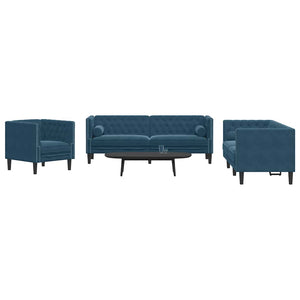 3-teiliges Chesterfield Sofa Set Blau Samt