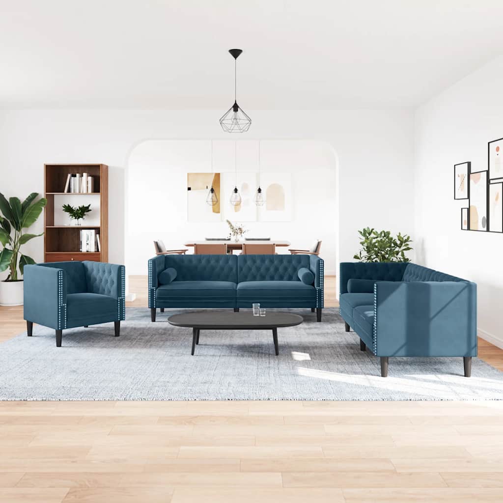 3-teiliges Chesterfield Sofa Set Blau Samt