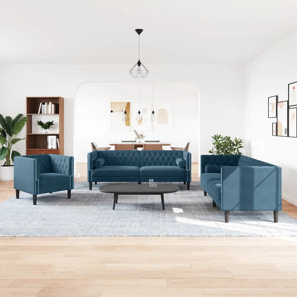 3-teiliges Chesterfield Sofa Set Blau Samt