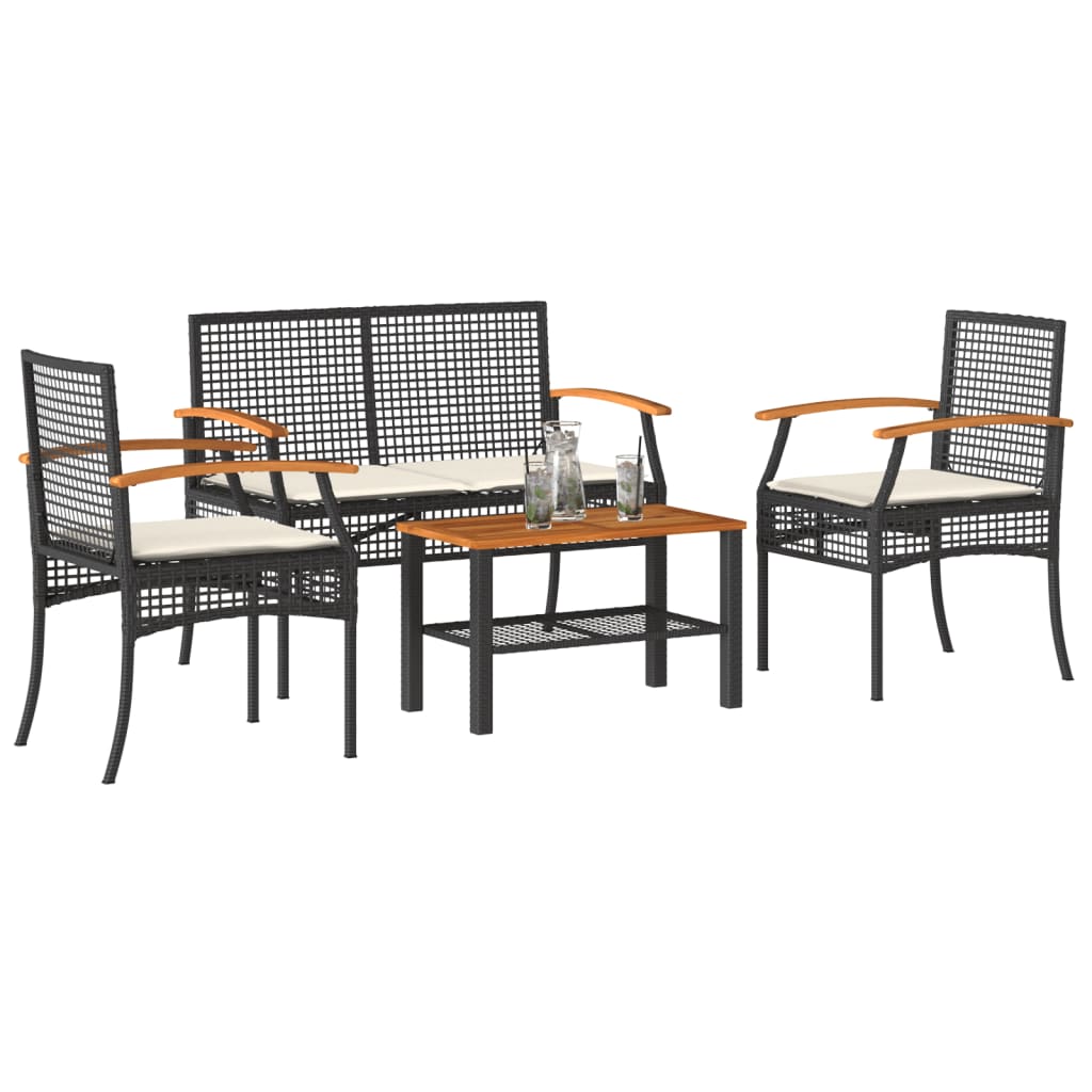 vidaXL 4-piece Garden Lounge Set with Cushions Black Poly Rattan