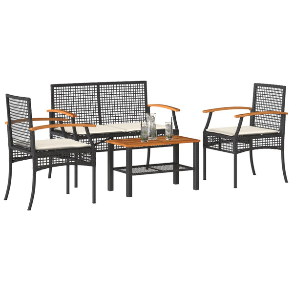 vidaXL 4-piece Garden Lounge Set with Cushions Black Poly Rattan