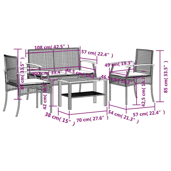 vidaXL 4-Piece Garden Lounge Set with Cushions Grey Poly Rattan