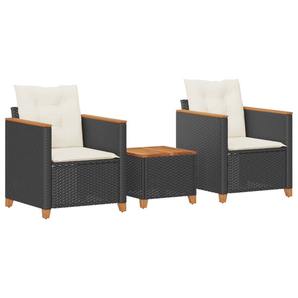 vidaXL 3-piece Bistro Set with Cushions Black Poly Rattan Acacia Wood