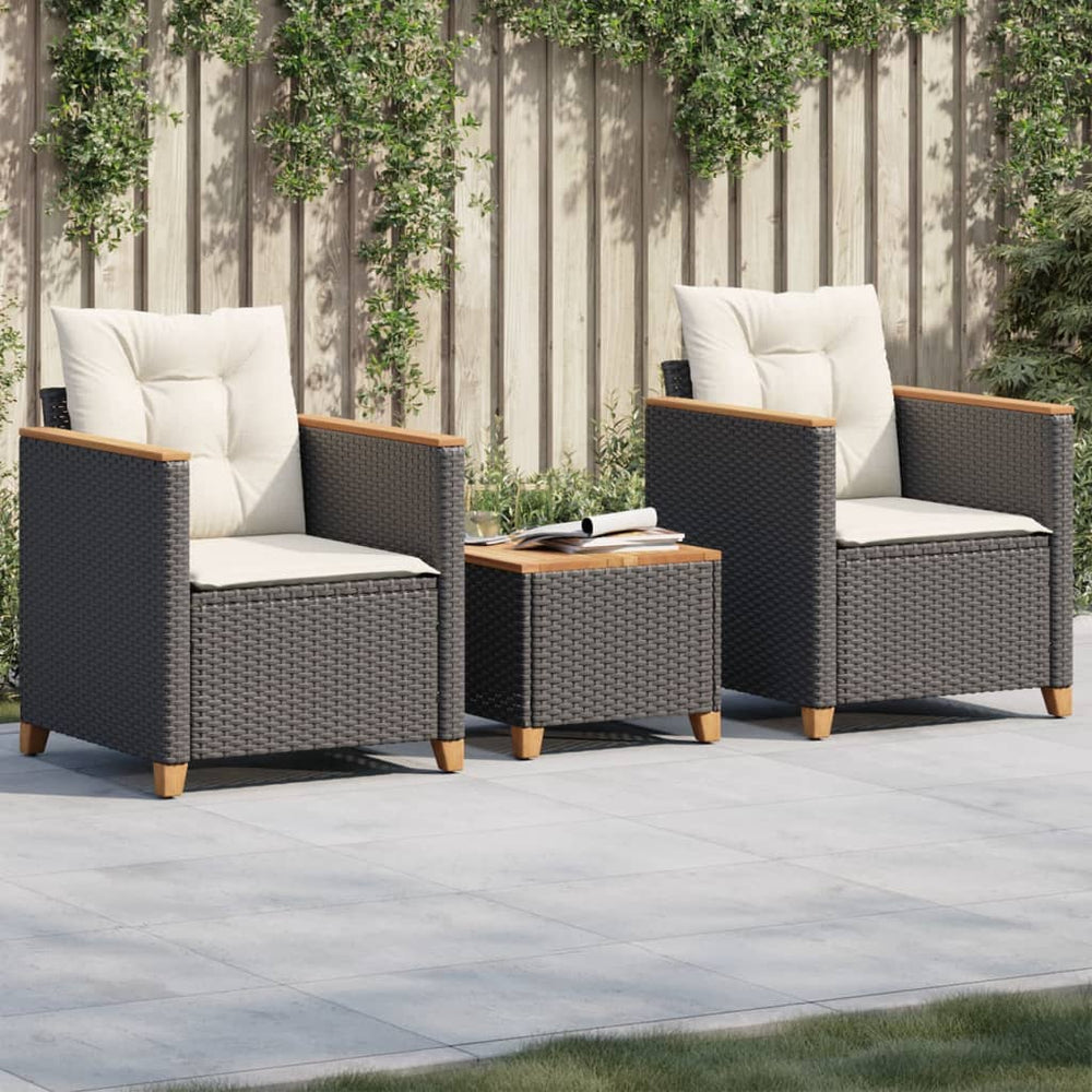 vidaXL 3-piece Bistro Set with Cushions Black Poly Rattan Acacia Wood