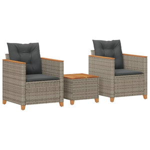 vidaXL 3-Piece Bistro Set with Cushions Grey Poly Rattan Acacia Wood