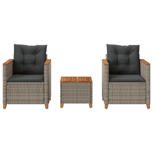 vidaXL 3-Piece Bistro Set with Cushions Grey Poly Rattan Acacia Wood
