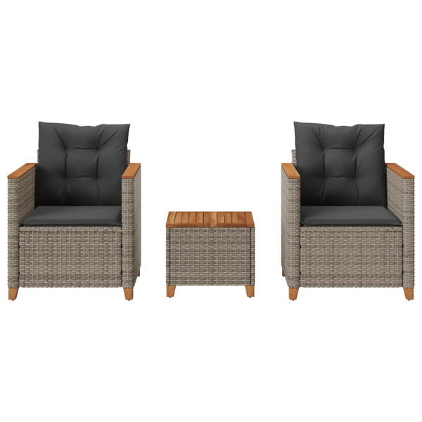vidaXL 3-Piece Bistro Set with Cushions Grey Poly Rattan Acacia Wood