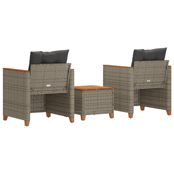 vidaXL 3-Piece Bistro Set with Cushions Grey Poly Rattan Acacia Wood