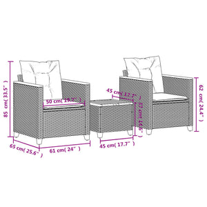 vidaXL 3-Piece Bistro Set with Cushions Grey Poly Rattan Acacia Wood