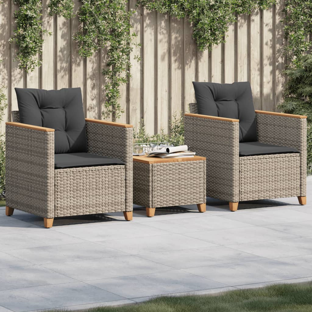 vidaXL 3-Piece Bistro Set with Cushions Grey Poly Rattan Acacia Wood