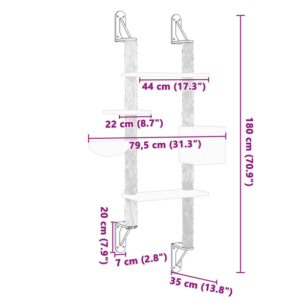 vidaXL Cat Tree with Scratching Post Wall-Mounted Light Grey 180 cm