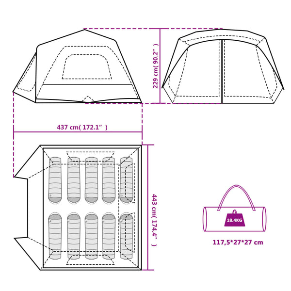 vidaXL Family Tent with LED 10 People Light Grey Orange Quick Release