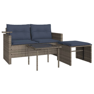 vidaXL 3-Piece Garden Sofa Set with Cushions, Grey, Poly Rattan