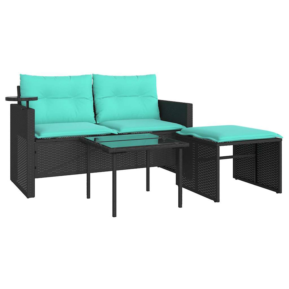 vidaXL 3-Piece Garden Sofa Set with Cushions, Black Poly Rattan