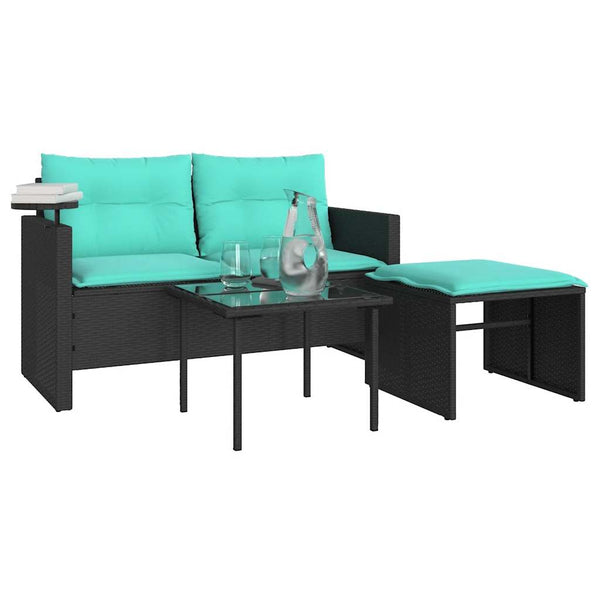 vidaXL 3-Piece Garden Sofa Set with Cushions, Black Poly Rattan