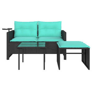 vidaXL 3-Piece Garden Sofa Set with Cushions, Black Poly Rattan
