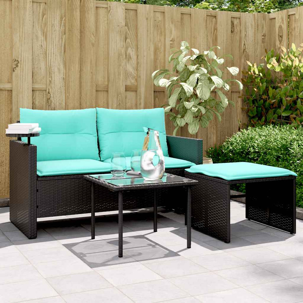 vidaXL 3-Piece Garden Sofa Set with Cushions, Black Poly Rattan