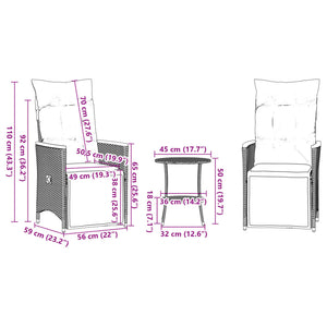 vidaXL 3-Piece Bistro Set with Cushions Black Poly Rattan