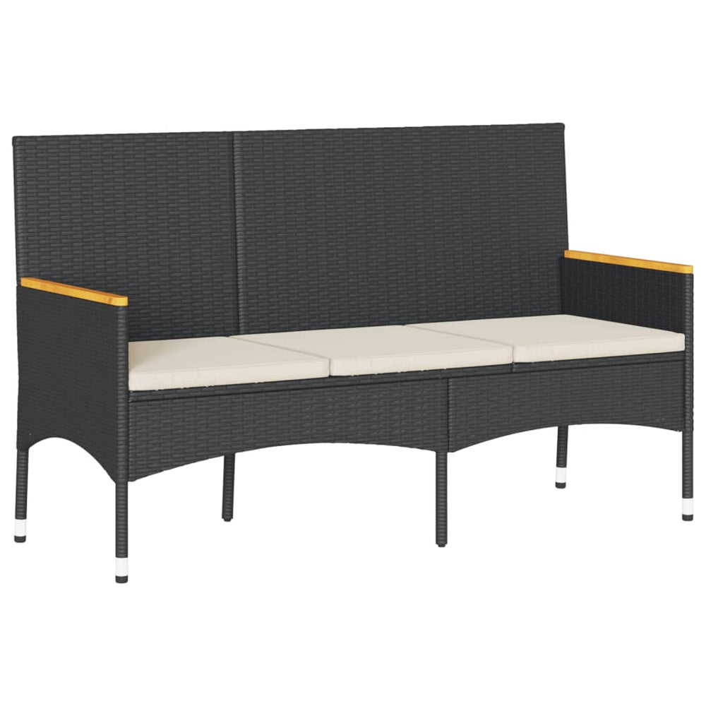 vidaXL 3-Seater Garden Bench with Cushions Black Poly Rattan